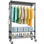 MZG Heavy Duty Rolling Garment Rack 3 Tiers Adjustable Wire Shelving Clothes Rack with Rods and Side Hooks, Storage Closet Clothing Rack with Wheels Black (45 D x 120 W x 212 H) CM