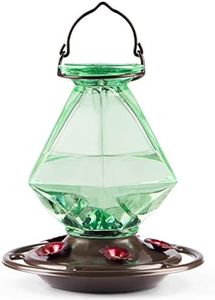 Auslar Hummingbird Feeder, Green Glass Hummingbird Feeders for Outdoors Hanging, 5 Simulation Flowers Feeding Ports, 23 Ounces, Rustproof, Leakproof, Geometric Line Shapes