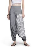 The Veshti Company High Waist Low Crotch Printed Cotton Yoga Harem Pants for Women's, Hippie Style Baggy Palazzo Pant, Trident Crest Grey-White, XL