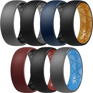 Egnaro Silicone Ring Men 1/4/6/7 Multipack of Breathable Mens Silicone Rubber Wedding Rings Bands with Air Flow Grooves