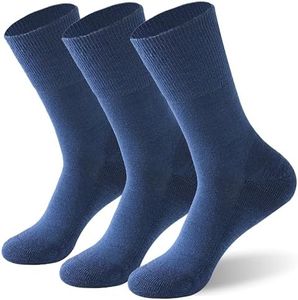 Forcool Men's Women's Diabetic Merino Wool Crew Non Binding Loose Top Cushioned Sole No Blister Extra Wide Crew Mid Calf Dress Socks, X Large Navy Blue 3 Pairs
