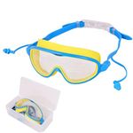 PANFIKH Swimming Goggles for Kids 6-14 Ages with Adjustable Strap Swimming Accessories Clear Lenses Swimming Goggles for Women Swimming Gear - Big Frame Goggle, Leakproof, Anti-Fog (Yellow Blue)