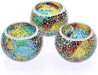 OwnMy Set of 3 Colorful Mosaic Glass Tea Light Holders Round Bowl Votive Candle Holders Pillar Candle Stands, Glass Mosaic Tealight Holders Potted Plant Bowl Vase Candle Centerpiece for Table Wedding