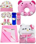 First Kick New Born Baby Gift Set Combo Pack for Baby Boys and Baby Girls Pack of 8 Pcs Kitty Pink