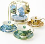Van Gogh Bone China Set of 6 Cups and Saucers With Rack, Coffee Cup and Saucer Set With Gift Box, 8-Ounce Art Coffee Mugs Set