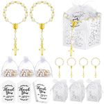 Huquary 100 Pcs Baptism Favors Set Includes 25 Mini Rosary Baptism Favors 25 Baptism Favor Boxes 25 White Organza Bags with Drawstring 25 Thank You Tags for Baby Shower Wedding Christian Gift (Gold)