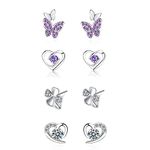 4 Pairs 925 Sterling Silver Stud Earrings for Women Girls Tiny Flower Heart Butterfly Hypoallergenic Cubic Zirconia Diamond Cartilage Earrings Set