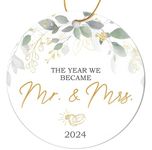 The Year We Became Mr Mrs Ornament 2024,Just Married Christmas Ornament as Mr and Mrs, First Year Newlywed 2.9" Ceramic Round Ornament, Wedding Decoration for Couple Married