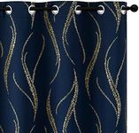 Blackout Curtains for Livingroom, Curtains 95 Inch Long - Navy Blue and Gold Waver Curtains with Pattern, Grommet Room Darkening Drapes for Bedroom (52W x 95L Inch, Navy Blue, 2 Panels)