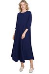 12 Ami Casual 3/4 Sleeve Loose Oversized T-Shirt Knit Lounge Maxi Dress - Made in USA, Navy, X-Large