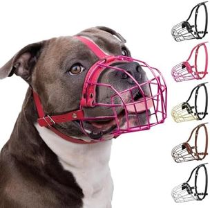 BRONZEDOG Pitbull Dog Muzzle Metal Mask Amstaff Wire Basket Pit Bull Adjustable Leather Straps for Large Dogs (Pink)