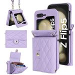 XIZYO for Samsung Galaxy Z Flip 5 Leather Crossbody Wallet Phone Case with Adjustable Removable Lanyard Strap, for Women Girls Cute Luxury Protective Cover with Card Slots, Purple