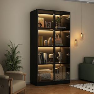 FAMAPY Display Cabinet with Glass Doors and Lights, 4-Tier Storage Shelves, Trophy Case Cabinet for Collectibles, Display Case Black 15.7“D x 31.5”W x 63”H