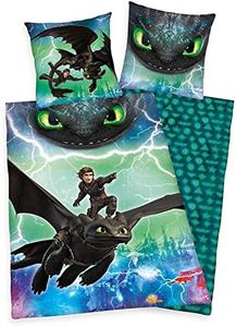 Herding DREAMWORKS DRAGONS Parure de Lit Réversible, Housse de Couette 135 x 200 cm, Taie d'Oreiller 80 x 80 cm, Coton/Renforcé