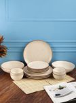 MIAH Decor Handcrafted Stoneware Dinner Set-Pack of 14-[4 Dinner Plates; 4 Quarter/Side Plates/ 4 Dinner Bowls/ 2 Serving Bowls]|Cream with Brown Rim|Matte Finish|Ceramic|Microwave, Oven, Freez,MD-498