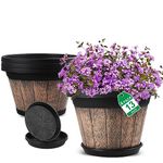 Quarut Large Plastic Plant Pots Set of 4 Pack13 inch,Whiskey Barrel Planters with Drainage Holes & Saucer.Flower Pots Imitation Wine Barrel Design for Indoor & Outdoor Garden Balcony Plants.