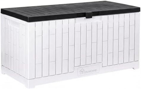 YITAHOME 120 Gallon Large Deck Box, Resin Outdoor Storage Box w/Lockable Black Lid for Outdoor Pillows, Garden Tools and Pool Supplies, Waterproof, Lockable, Grayish-White