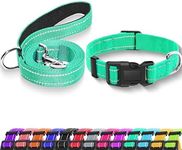 Maiiu Reflective Dog Collar with Safety Locking Buckle, Adjustable Soft Breathable Nylon Collars for Small, Medium and Large Dogs(Collar+Leash XS Width 5/8" Turquoise)