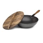 Goodful Hammered Carbon Steel Pow Wok Pan with Lid Cookware Set, Lid and Ergonomical Comfort Grip Handle Made from Authentic Wood, Flat Bottom is Compatible with Most Cooktops,13-Inch, Black