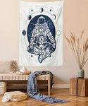 Lunarable Moon Phases Tapestry, Spaceman Silhouette Sitting in Lotus Pose Yoga Zodiac Harmony, Fabric Wall Hanging Decor for Bedroom Living Room Dorm, 23" X 28", Blue White