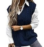 Ladies Sleeveless Jumper Women V Neck Sweater Vest Women Sleeveless Sweater Women Knitted Waistcoats for Women Knit Jumper Vest Sleeveless Pullover Women Cute Ladies Sleeveless Knitted Vest Navy XL