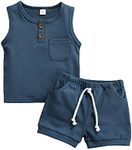 Karesoull Infant Newborn Baby Boy Clothes Summer Shorts Set Solid Sleeveless Pocket Tops Cotton Outfit 2PCS (Sleeveless Indigo, 0-6 Months)