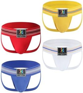 KAREN SPACE Mens Jock Strap Athletic Supporter Jockstraps Underwear for Male Wide Waistband Design,1968SD-Red/Blue/Yellow/White(4-Pack),Medium