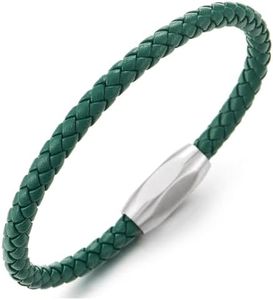 COOLSTEELANDBEYOND Sottile Verde Pelle Intrecciata Braccialetto da Uomo Donna, Bracciale Fascia di Polso, Acciaio Ovale Chiusura Magnetica