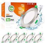 ALUSSO IP65 LED Downlights Dimmable 7W Slim Recessed Ceiling Lights, 3CCT 3000K Warm 4000K Neutral 6500K Cool Adjustable Bathroom Spotlights, Brushed Nickel, 6 Pack