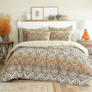 DaDa Bedding Bohemian Duvet Cover Set King Size - Reversible Coral Teal Floral Paisley Botanical Garden - Includes Duvet Cover and 2 Pillow Cases - Soft and Durable - Easy Care