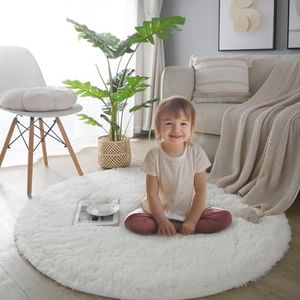 SHIPKEY Fluffy Soft Round Rugs, Indoor Area Rugs, Shaggy Anti-Skid Carpet for Bedroom Living Room, Round Area Rugs Perfect for Boys & Girls (Beige, 3.3x3.3 Feet/100x100 cm)