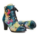 CrazycatZ Womens Leather Ankle Boots Block Heel Boots Bohemian Splicing Lace Up Colorful Bootie (5 UK, Floral) Multi