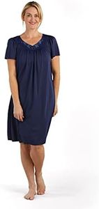 Miss Elaine Women's Short Tricot Nightgown, Flutter Sleeves and Premium Lightweight Fabric, Embroidered Neckline, Navy, XL