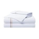 Aston & Arden Sateen Sheet Set - 100% Cotton 600 Thread Count Luxurious Hotel Silky Sheets, Pristine White with Fine Baratta Embroidered 3-Striped Hem, Wrinkle Resistant, Queen, Fawn Beige