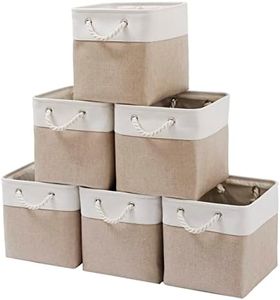 MidmmVick 11 x 11 Inch Cube Storage Bins, 6 Pack Large Collapsible Fabric Storage Bin with Ropes, Foldable Storage Cubes for Home, Office,Closet, Clothes, Toys Organizer (White & Beige-11"x11"x11")