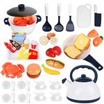 47Pcs Kids Play Kitchen Accessories Toy Sets, Interactive Learning Role Play Cutting Fruits Food Pretend Toy & Cookware Pot & Pan Set Role Play Toy for Toddler Boys Girls Childrens Cooking Utensil