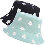 2 Pcs Bucket Hat Women, Reversible Cotton Fisherman Hat Daisies Print Bucket Hat Beach Sun Hats Double-Side-Wear Foldable Bucket Hat for Holidays Traveling Outdoor Black/Green