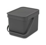 Brabantia Sort & Go Food Waste Bin (6L / Grey) Small Countertop Kitchen Compost Caddy with Handle & Removable Lid, Easy Clean, Fixtures included for Wall/Cupboard Mounting, Grey