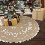 OurWarm Christmas Tree Skirt 48 Inch, Burlap Tree Skirt Printed with White Snowflake and Merry Christmas Sign Decor, Brown Tree Skirt for Christmas New Year Holiday Party Supply Indoor Outdoor