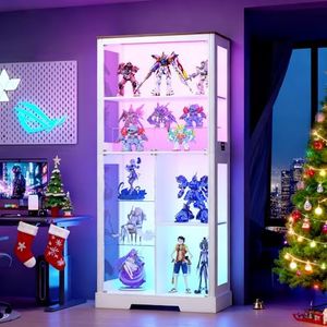 HNEBC Glass Display Cabinet - with RGB Lights, 70'' Curio Cabinet with Glass Doors, 4-Tier Display Cases and Human Sensor, Bookcases for Collectibles, Books,Toys,White