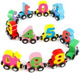 QINGBAO 12 PCS Wooden Train Set Toy Wooden Magnetic Number Train Set Includes 1 Engine Cars for Toddlers Boys and Girls, Compatible with Major Brands Train Set Tracks