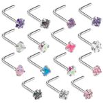 Yolev 15Pcs 18G 20G Surgical Stainless Steel Nose Rings Studs L Shaped Screw Studs Rings Cubic Nose Rings Hypoallergenic Stainless Steel Czech Crystal Small Nose Piercing Set