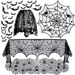 5pack Halloween Decorations Tablecloth Runner Black Lace Round Spider Cobweb Table Cover Fireplace Mantel Scarf Spiderweb Fireplace Scarf Spider Lampshade with 36pcs Scary 3D Bat for Halloween Party