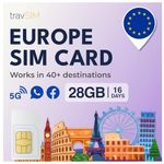 SIM Card Europe with 28GB of Data (4G/5G speeds) | Valid for 16 Days | Data Only SIM Europe | VOIP apps for browsing and messaging | Over Destinations (UK, Switzerland, France, Italy & More) | travSIM
