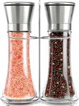 Salt and Pepper Mill,Premium Stainless Steel Grinder Set w/Stand,Tall Shakers w/Adjustable Coarseness,Refillable Mills w/Lids