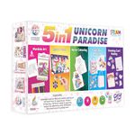 RATNA'S 5 in 1 Unicorn Paradise Kit with Activities Like Mandala Art, Jigsaw Puzzle, Apron Colouring, Paper Bag Making & Greeting Card Making Art & Craft Creative Kit for Kids 5+ Years