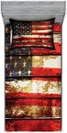 Ambesonne American Flag Fitted Sheet & Pillow Sham Set, Us Over Old Rusty Tones Weathered Vintage Social Plank Art, Decorative Printed 4 Piece Bedding Decor Set, Twin, Red Navy