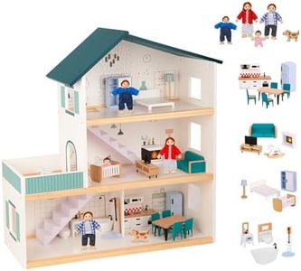 OOOK Wooden Dolls House for Kids, Dollhouse with Simulated Luxury Furniture Set, Pretend Playset Doll House for Girls Toddlers (Including 4 Family Dolls and a Dog)