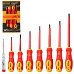 UNITEDLUX 8 Pieces VDE Insulated Screwdriver Set 1000V with Black Tip Magnetic, TPR Handle Electrician Soft-Grip Slotted Phillips and Pozi Tools with Safety Tester for Electrician Repair