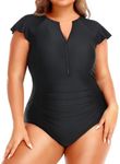 Holipick Plus Size One Piece Swimsuit for Women Tummy Control Cap Sleeves Bathing Suits Zipper 1 Piece Rash Guard Swimwear, Black, 14 Plus